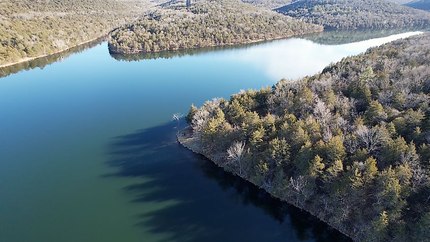 Aerial view of Lake Leatherwood near Eureka Springs, Arkansas.