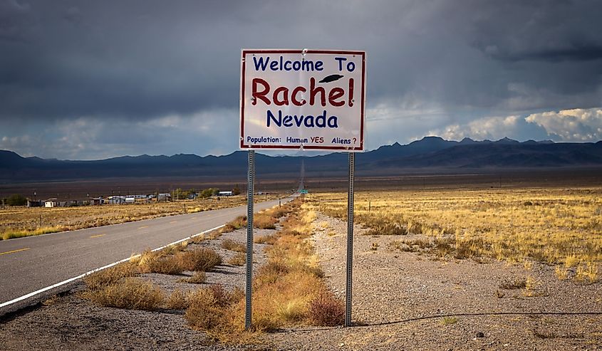 Welcome to Rachel street sign on SR-375 in Nevada, also known as the Extraterrestrial Highway.