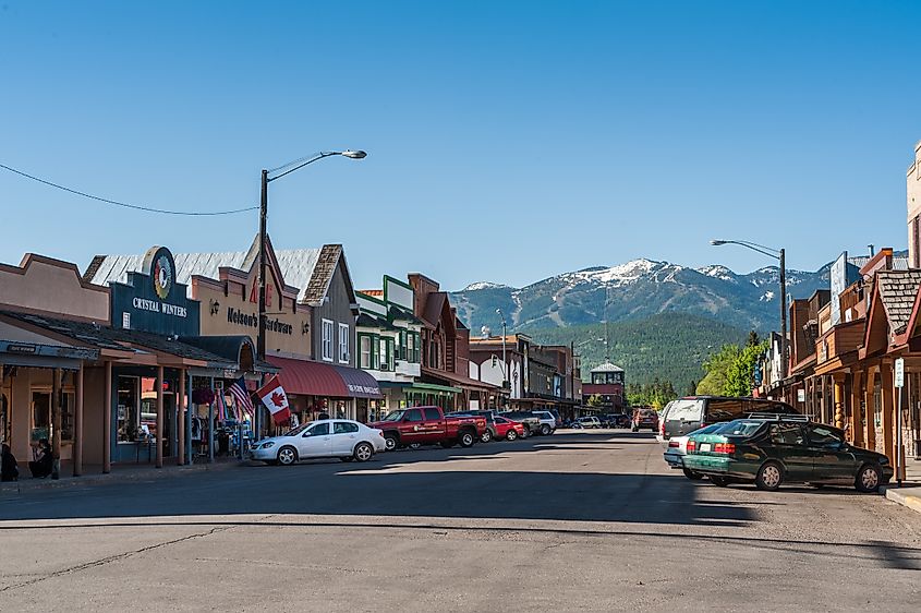 Cars parked in a street in Whitefish, Montana.