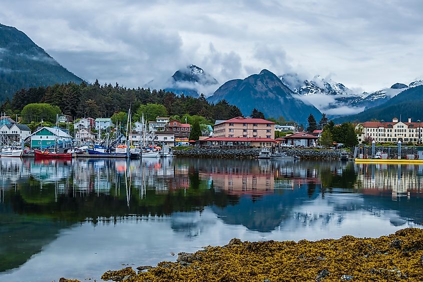 View of the coast and mountains in Sitka, Alaska.