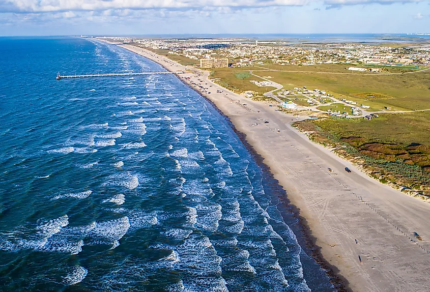 Aerial view of the Padre Island shoreline near Port Aransas, Texas