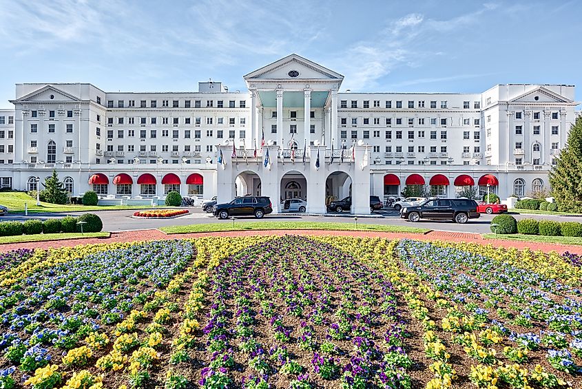 The exterior entrance of the Greenbrier Hotel resort in White Sulphur Springs, West Virginia