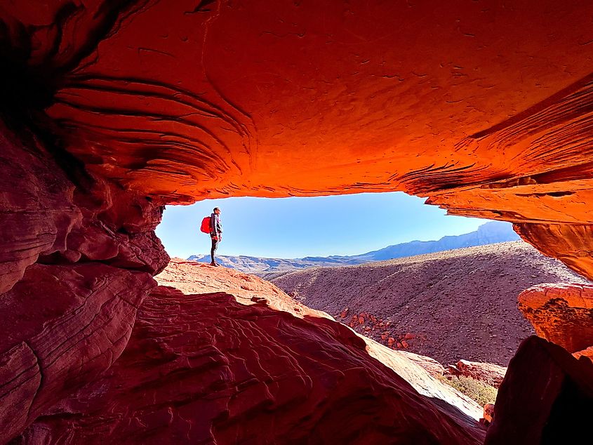 A hiker admiring the landscape of the Red Rock Canyon.