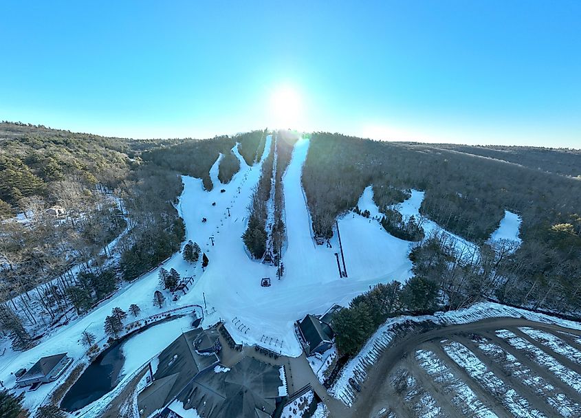 Aerial view of the Ski Sundown base area in New Hartford, Connecticut