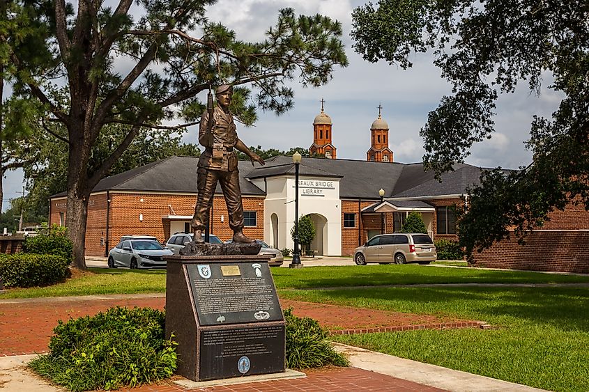 Statue near public library building in Breaux Bridge, Louisiana
