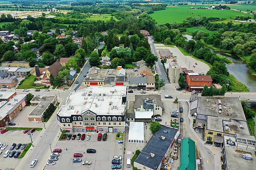 An aerial view of St Jacobs, Ontario, Canada.