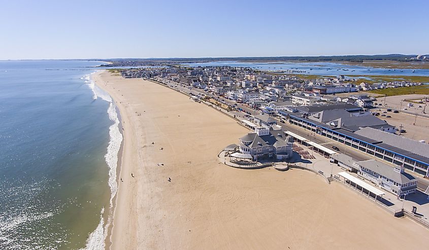 Hampton Beach aerial view including historic waterfront buildings on Ocean Boulevard and Hampton Beach State Park, Town of Hampton, New Hampshire NH, USA.