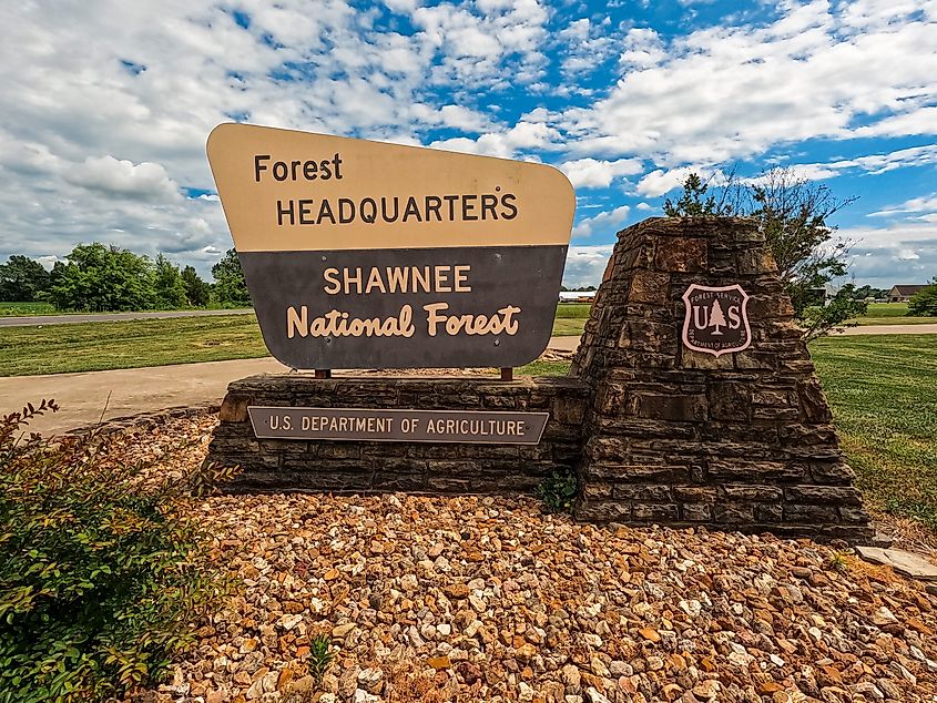 Official signage for the Shawnee National Forest Headquarters in Harrisburg, Illinois.