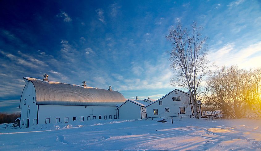 Hinckley-Creamer Dairy, now Creamer’s Field Migratory Waterfowl Refuge, with open fields and wetlands providing a resting and feeding ground for migratory birds, surrounded by Alaskan wilderness