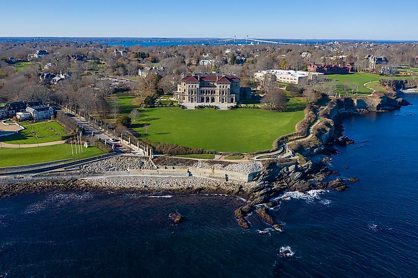 Aerial view of The Breakers and Cliff Walk in Newport, Rhode Island RI, USA. 