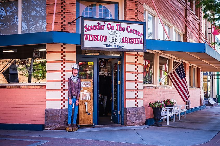 The Standin On The Corner RT66 Gift Shop in Winslow, Arizona. Image credit: Sandra Foyt / Shutterstock.com.