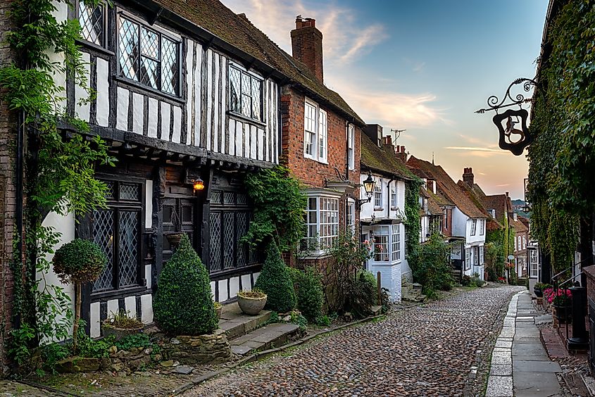 A cobblestone street lined with buildings in Rye, England.