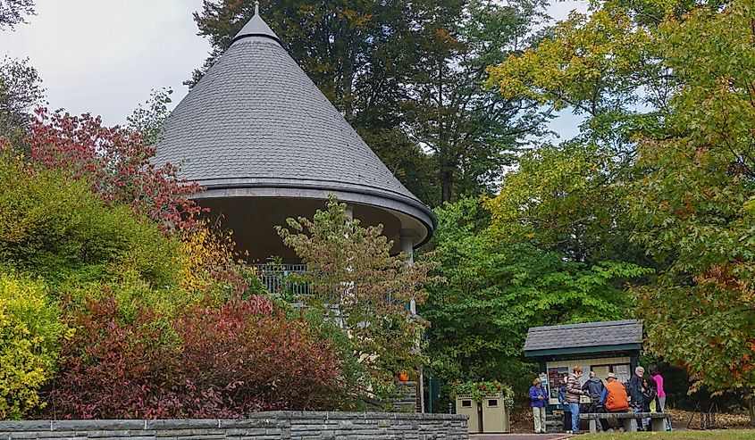 Visitors at the entrance to Grey Towers, former home of Gifford Pinchot, a National Historic site