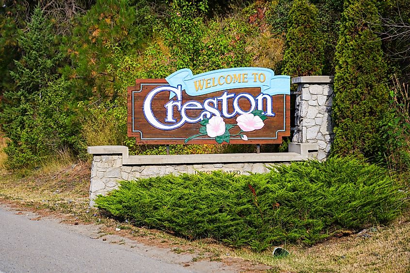 Creston, BC, Canada - Aug 12, 2023 : Welcome sign to Creston in the Kootenay region of British Columbia, Canada