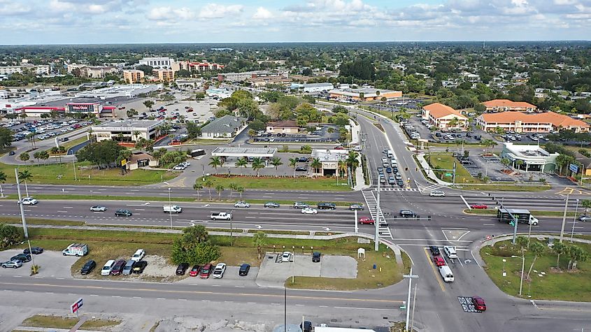 Aerial view of Tamiami trail and Revere St in downtown Port Charlotte Fl.