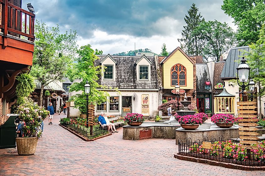 Gatlinburg, Tennessee, showcasing the unique architecture of this popular tourist destination, known for travel, shopping, and scenic mountain views.