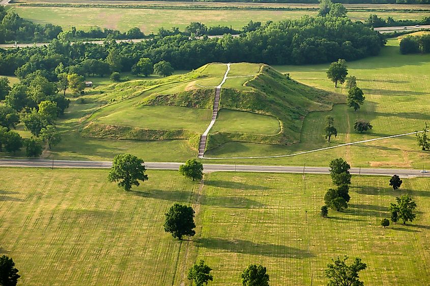 Aerial view of Cahokia Mounds in Illinois, showcasing the ancient Native American burial mounds spread across a vast green landscape