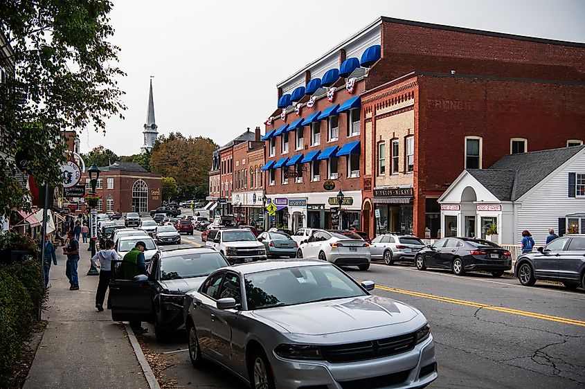 Rustic buildings in downtown Camden, Maine.