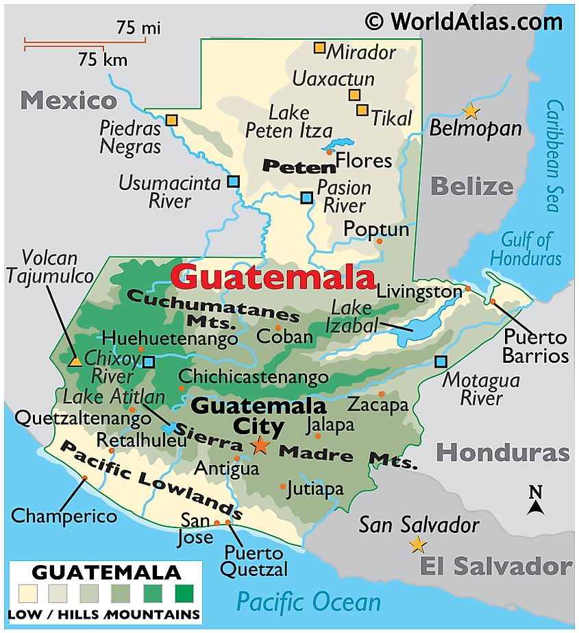 Mappa fisica del Guatemala che mostra il terreno, le principali catene montuose, il punto più alto, i fiumi, il lago Izabal, la regione del Peten, le città importanti, i confini internazionali, ecc.