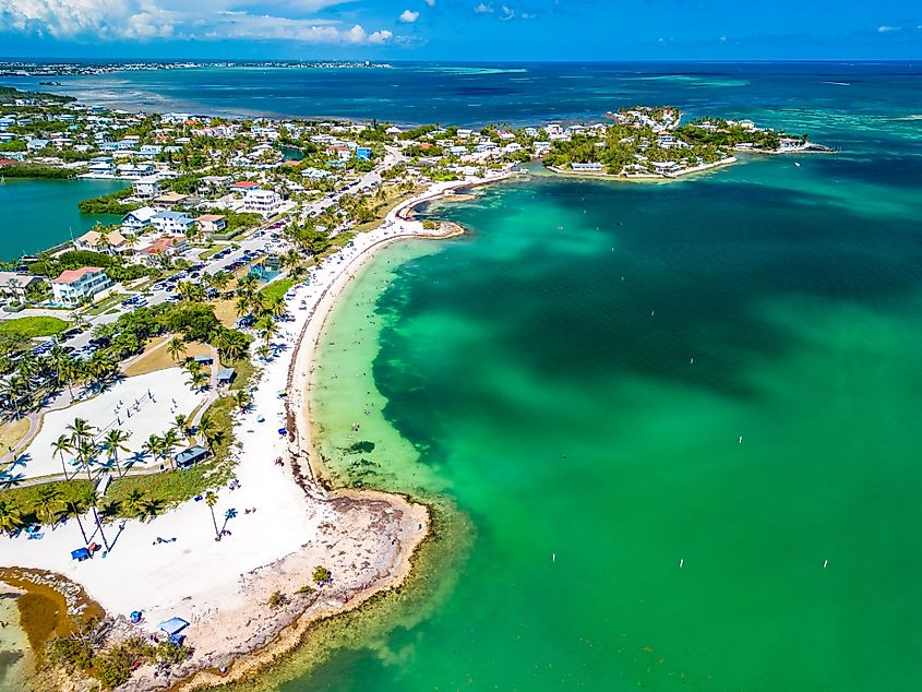 Aerial view of Sombrero Beach with palm trees in the Florida Keys, Marathon, Florida, USA.