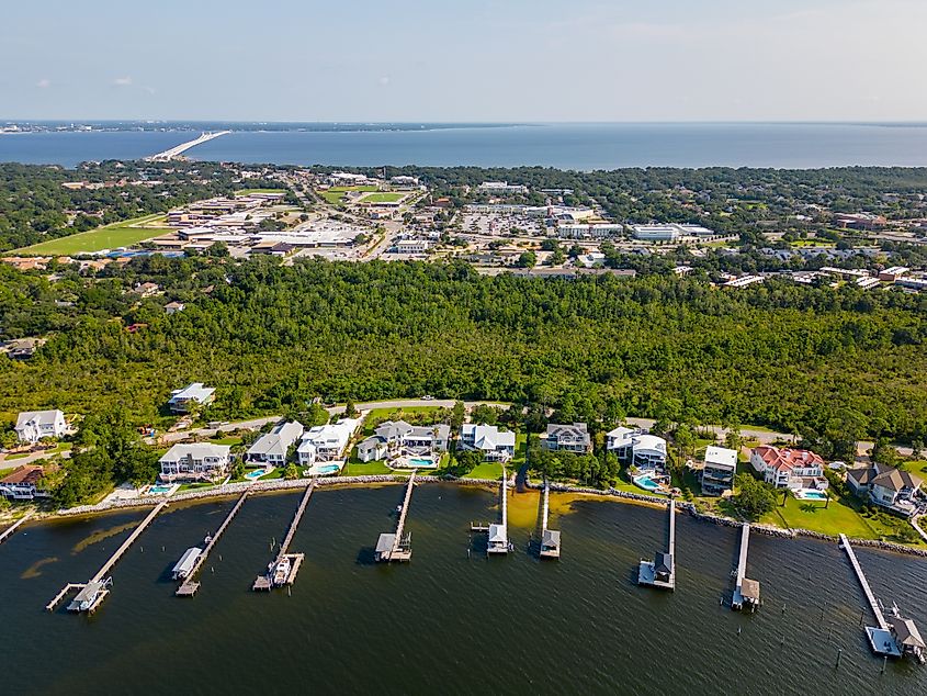 Aerial photo luxury waterfront homes with dock Gulf Breeze Florida 