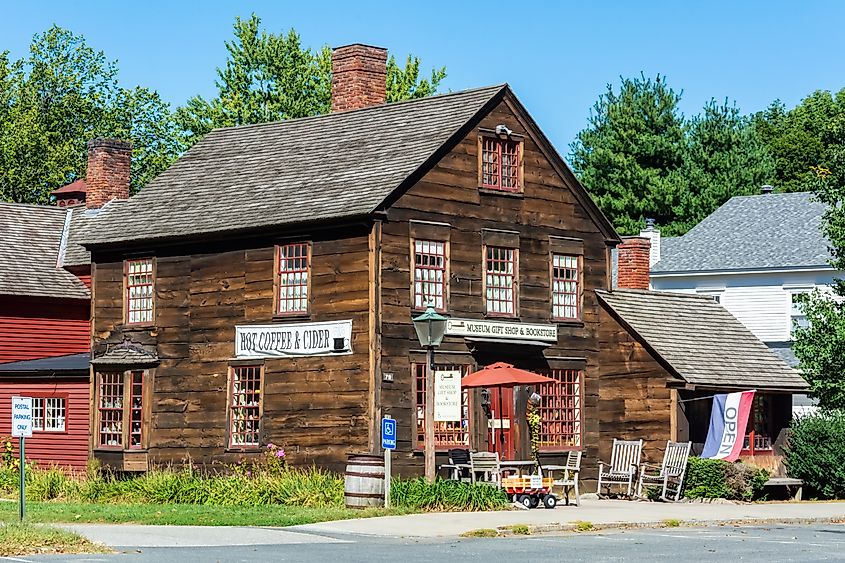 A historic timber building in Deerfield, Massachusetts.