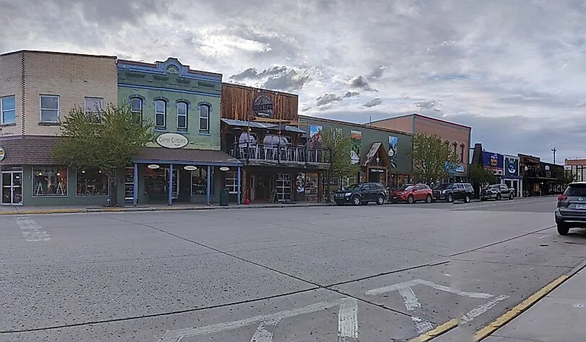 Street and storefronts along Main Street in Gunnison, Colorado.