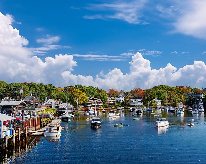 Fishing boats docked in Perkins Cove, Ogunquit, along the coast of Maine, south of Portland.