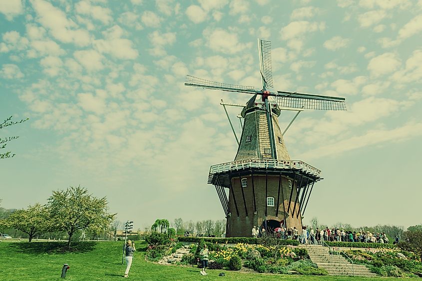 Old Dutch windmill and tulips in Holland, Michigan