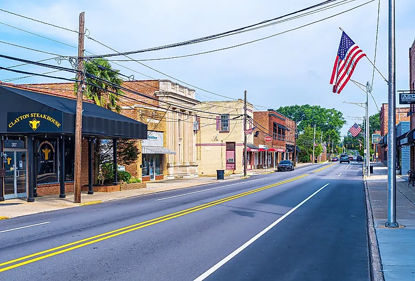 Downtown street in Clayton, North Carolina. Image credit Wileydoc via Shutterstock