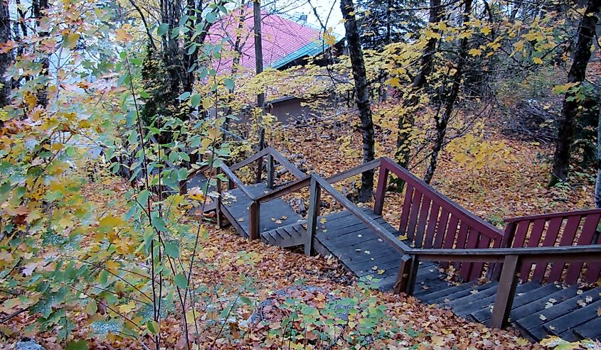 Wallace public stairs run up and down the south hill during autumn season. Shoshone County, Idaho, USA