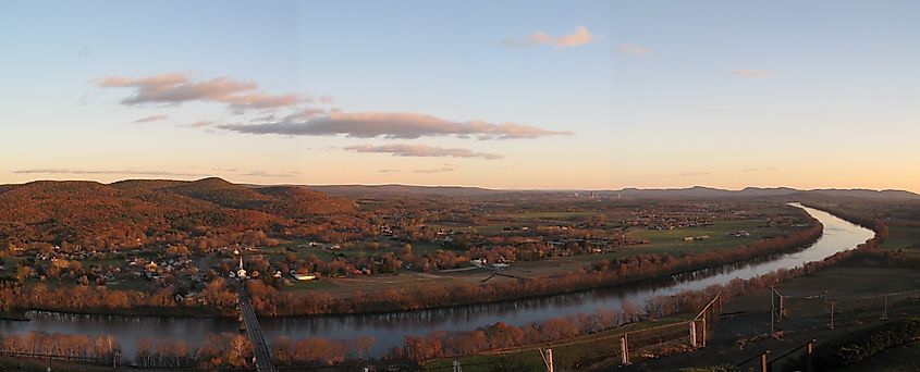 View of the Connecticut River and the Pioneer Valley looking east-southeast from Mount Sugarloaf in South Deerfield, Massachusetts