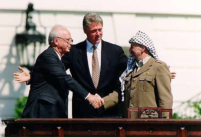 Oslo Accords: Israeli Prime Minister Yitzhak Rabin, U.S. president Bill Clinton, and PLO chairman Yasser Arafat. Image Credit gpo.gov via Wikimedia.