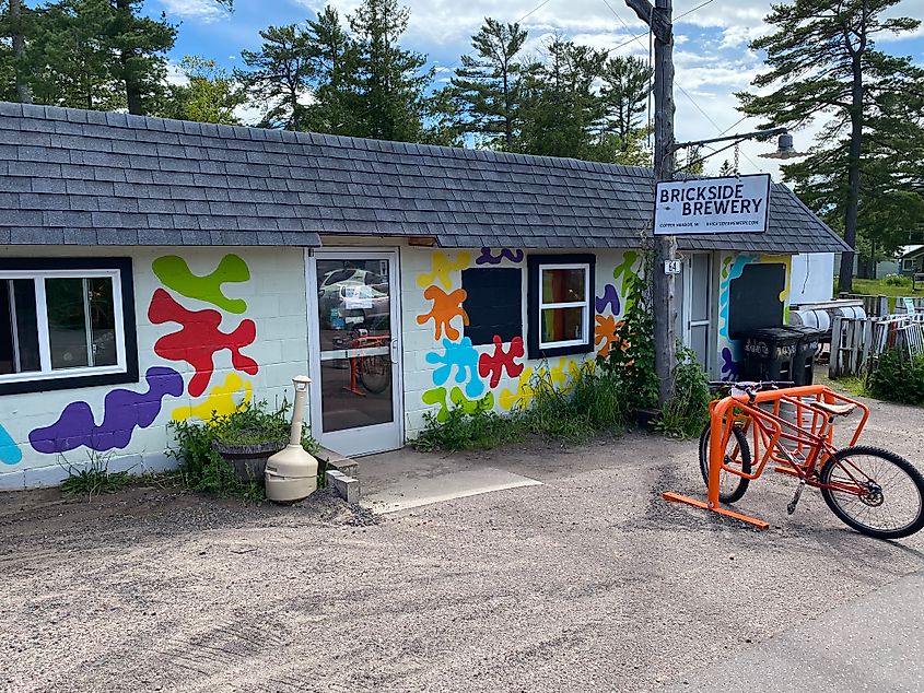 The playful/colourful exterior of Brickside Brewery in Copper Harbor, Michigan