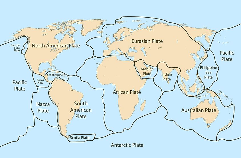 Tectonic plates outlined on a globe showing their relative positions and boundaries.