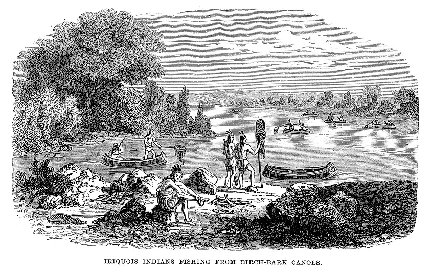 Vintage engraving showing Iriquois Native Americans fishing from birch bark canoes, 1873