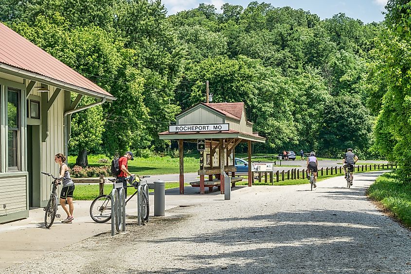 Cyclists at Rocheport Station on the Katy Trail.