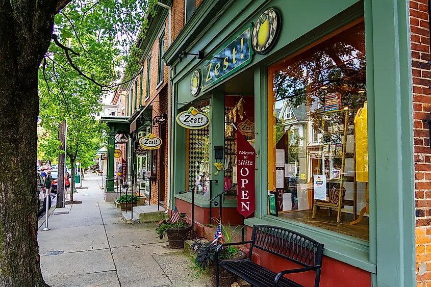 Lititz, Pennsylvania, named the Coolest Small Town in America, featuring small shops and restaurants in its downtown area.