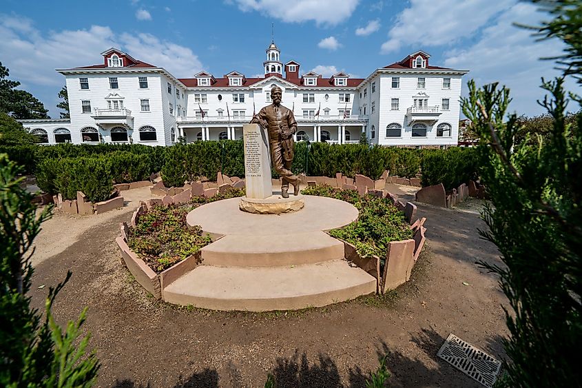 The Stanley Hotel, with statue and garden in Estes Park, Colorado.