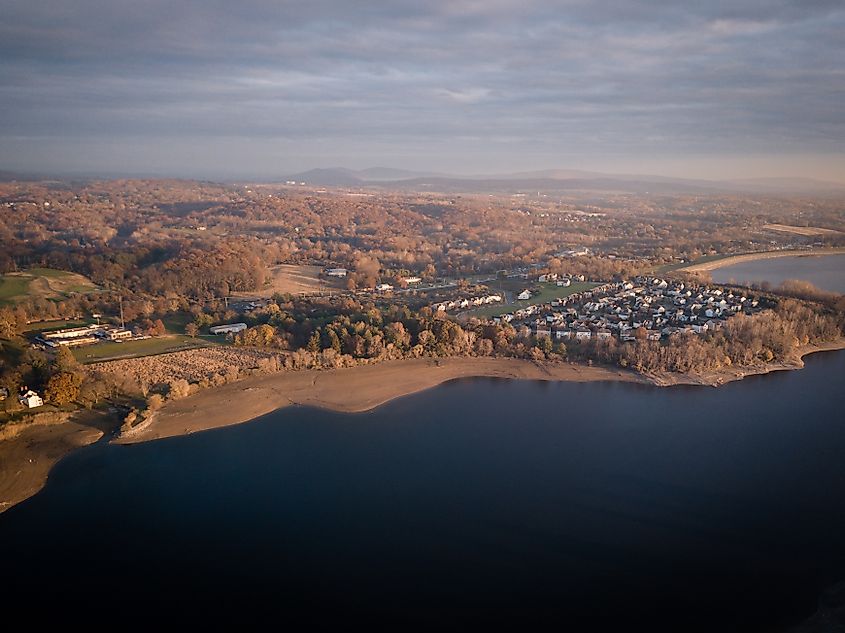 Aerial of Spruce Run Reservoir New Jersey.