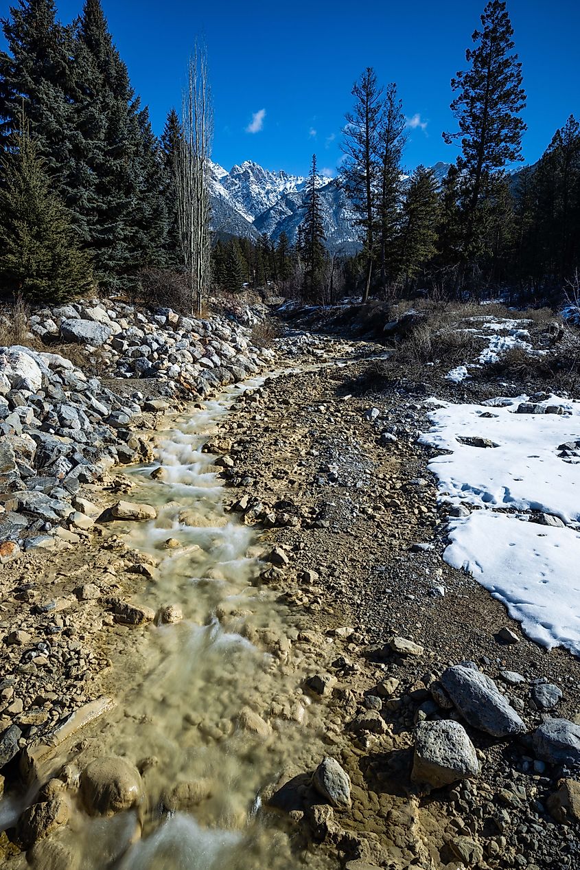 A hot spring fed creek just south of Kootenay National Park, with the Rocky Mountains in the background.