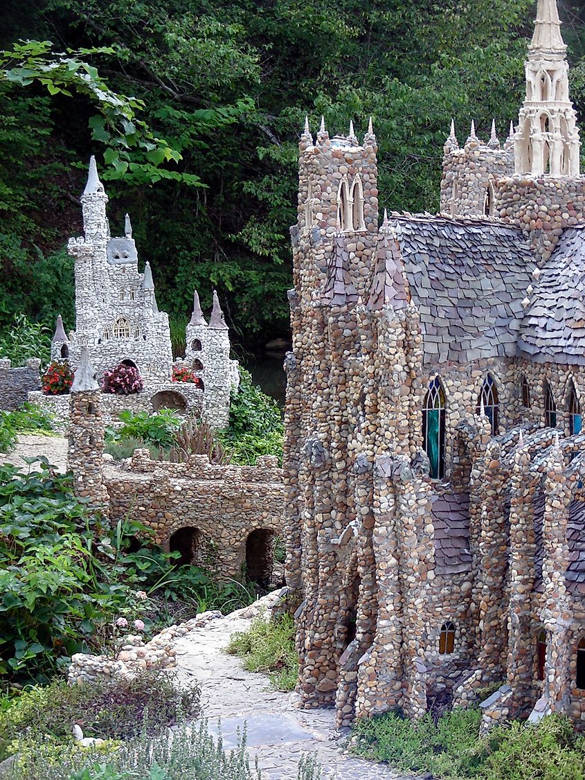 The Notre Dame Cathedral (right) and a castle (background) in the Calhoun Rock Garden, Georgia.