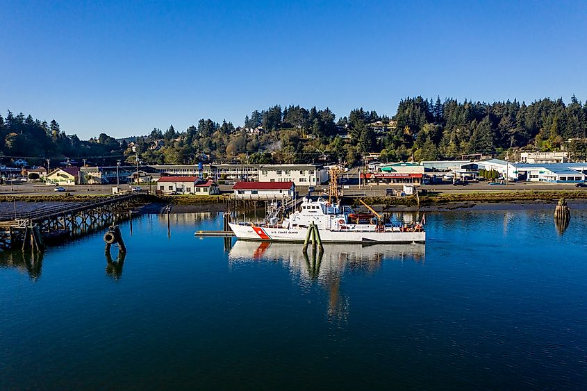 Aerial view of Pacific Highway 101 passing through Coos Bay, Oregon.