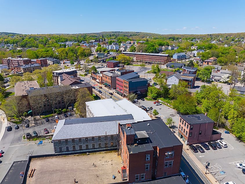 Aerial view of the Woonsocket Main Street Historic District in Woonsocket, Rhode Island.