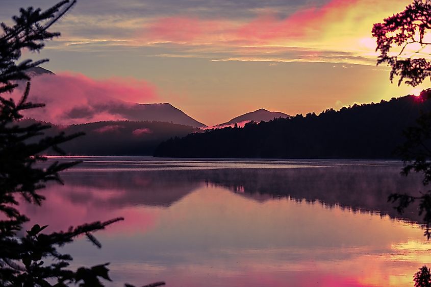 Sunset on Lake Placid in Lake Placid, New York, USA.