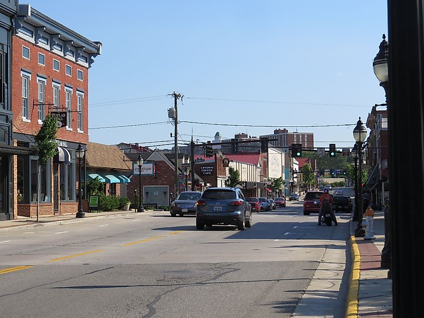 A lively street in downtown Farmville, Virginia. 