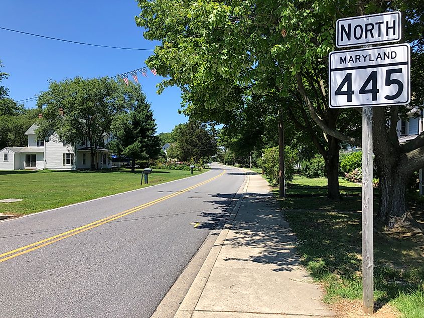 View north along Maryland State Route 445 (Main Street) at Maryland State Route 20 (Rock Hall Avenue) in Rock Hall, Kent County, Maryland.