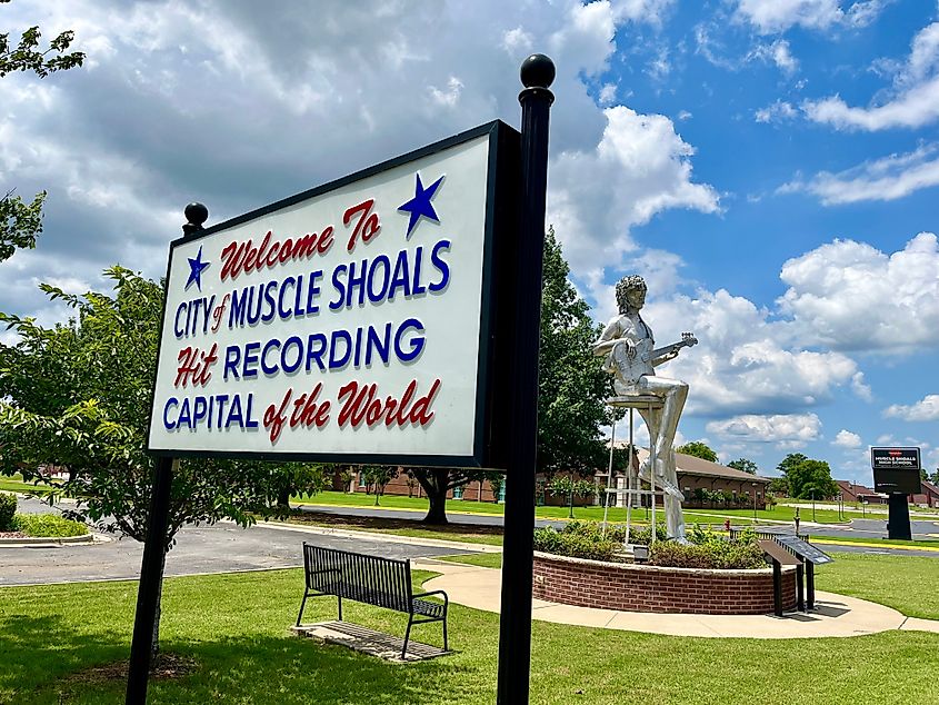 The welcome sign to Muscle Shoals, Alabama. Editorial credit: Luisa P Oswalt / Shutterstock.com