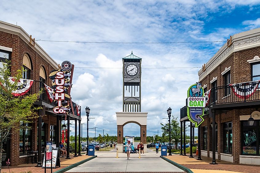 View of the tourist plaza and clock tower in Foley, Alabama.