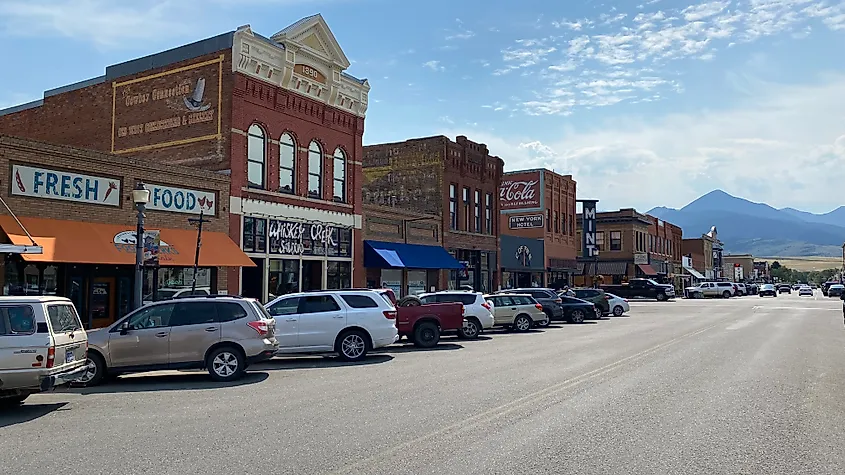 The authentic Old West facade of downtown Livingston, Montana.